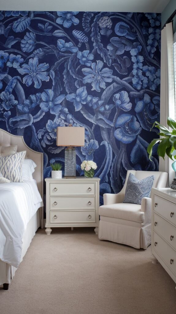 Oversized Dark Blue Floral and Botanical Mural A bedroom wall covered in a dramatic, dark navy blue mural featuring an extensive, large-scale pattern of blue flowers and botanical elements.