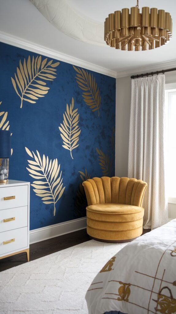 Tropical Deep Blue Accent with Metallic Gold Leaf Stencils Dramatic dark blue accent wall adorned with large, metallic gold stenciled tropical leaf patterns, set beside a deep yellow scalloped chair.