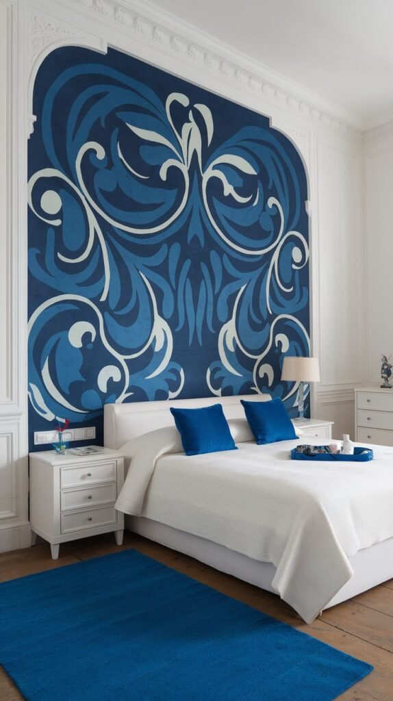 Arched Blue Accent Wall with Abstract Swirl Motif Accent wall featuring a massive arched area painted with bold, abstract swirl and scroll motifs in varying shades of blue and white, centered over a white bed.