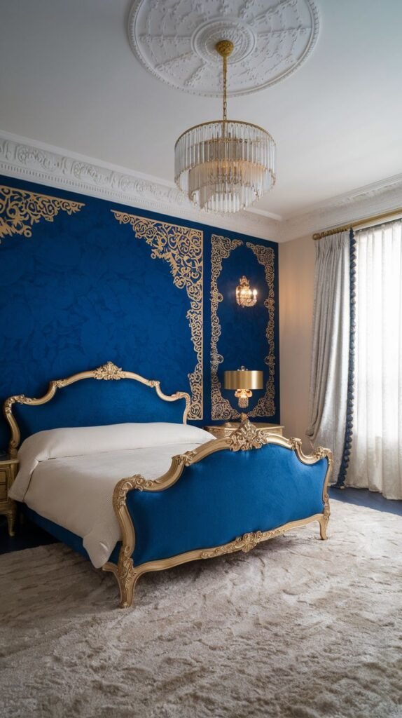 Majestic Royal Blue Wall with Extensive Gold Scrollwork Trim Luxurious royal blue accent wall with a textured finish, bordered and enhanced by opulent, intricate gold scrollwork molding, framing a matching blue velvet and gold carved bed.