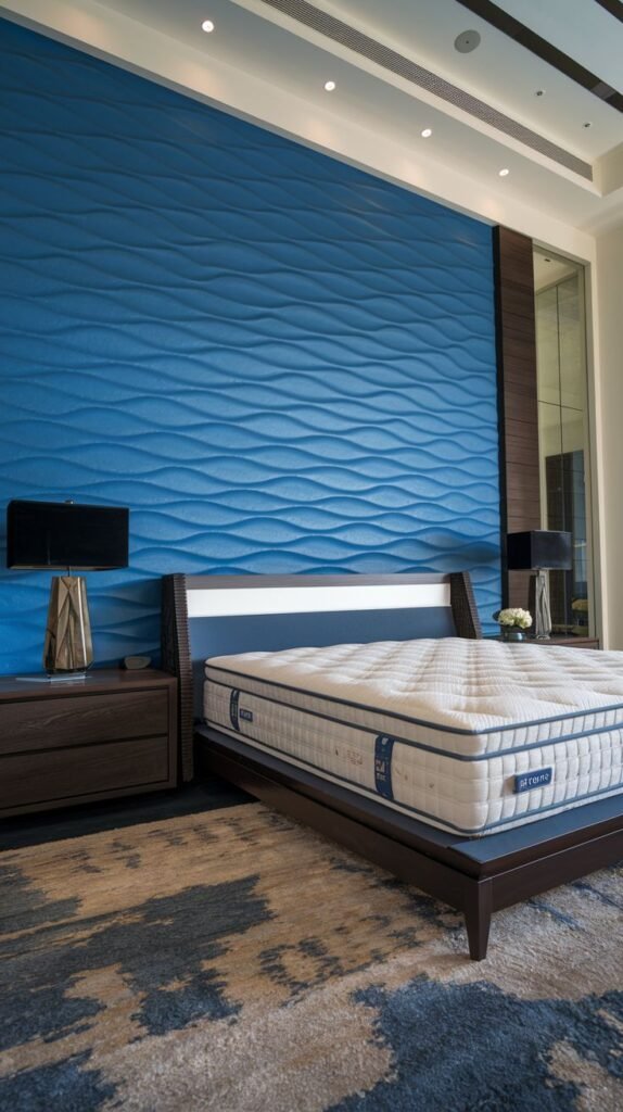 Cerulean Blue 3D Horizontal Wave Panel Wall Accent wall composed of vibrant cerulean blue three-dimensional panels, creating a textured pattern of horizontal, undulating waves or ripples.