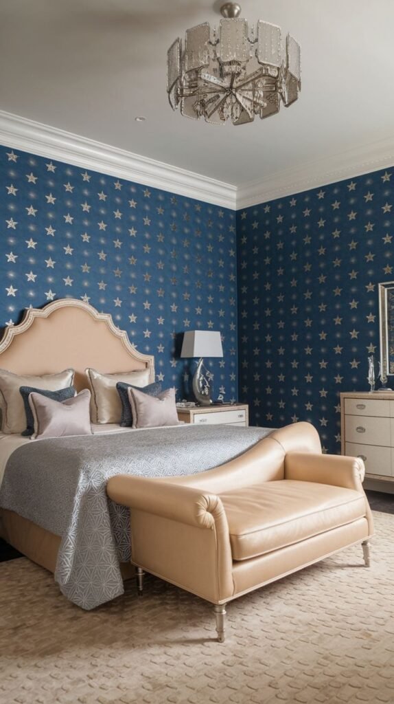 Celestial Midnight Blue Star-Patterned Wallpaper Bedroom walls covered in a celestial midnight blue wallpaper patterned with small, repeating metallic star shapes, behind a neutral arched headboard.