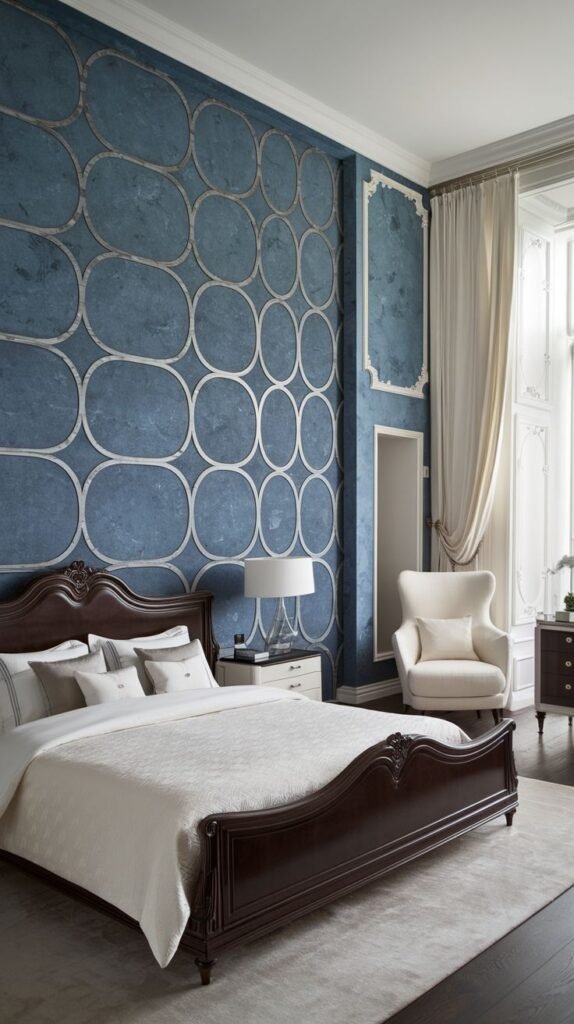 Mottled Blue Wall with Interlocking Silver Oval Overlay Blue accent wall with a mottled texture overlaid with thin metallic silver trim forming a pattern of large, interlocking oval or elongated circular frames.