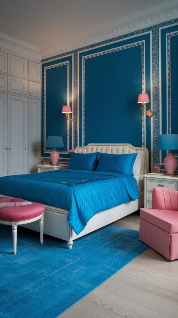 Vibrant Blue Panels with Detailed White Fretwork Trim Bright blue accent wall divided into panels by white molding, with intricate white fretwork patterns applied within the panel borders, paired with pink lamps and stool.