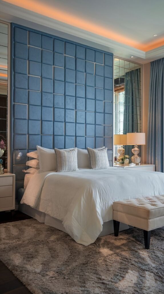 Pale Blue Full-Height Quilted Square Panel Wall Bedroom featuring a floor-to-ceiling accent wall made of pale blue upholstered panels arranged in a large quilted square pattern, flanked by narrow mirrored sections.