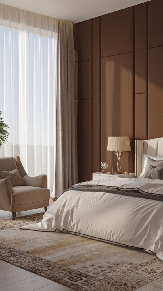 A modern bedroom featuring a tall accent wall covered entirely in rich, vertical, rectangular brown upholstered or padded panels. Large windows with sheer white curtains flank the wall.