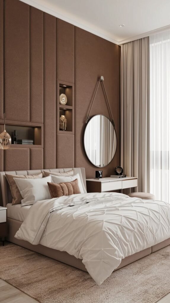 A contemporary bedroom featuring an accent wall composed of wide, vertical brown fabric panels. Integrated into the paneling are symmetrical, deep, recessed display niches with subtle lighting.