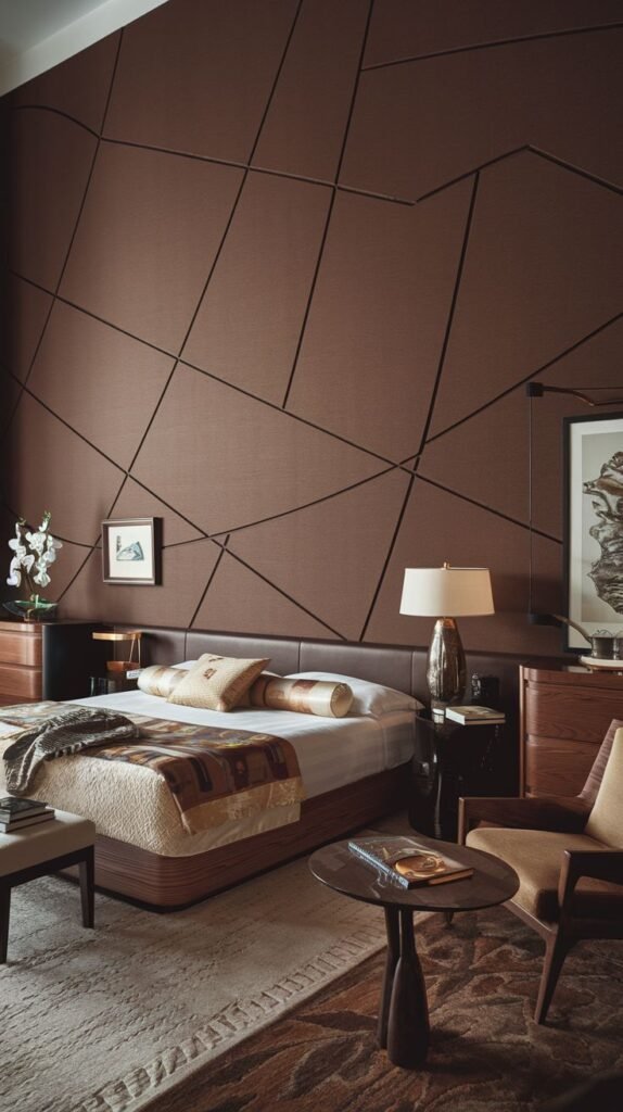 A large brown accent wall overlaid with thin, dark lines forming an intricate, irregular, abstract geometric web pattern spanning the entire surface.