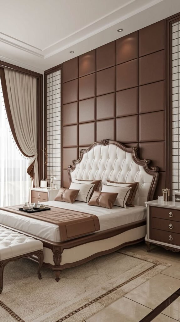 A luxurious bedroom featuring a very tall accent wall covered in large, square, padded brown panels arranged in a neat grid behind a grand white tufted headboard.