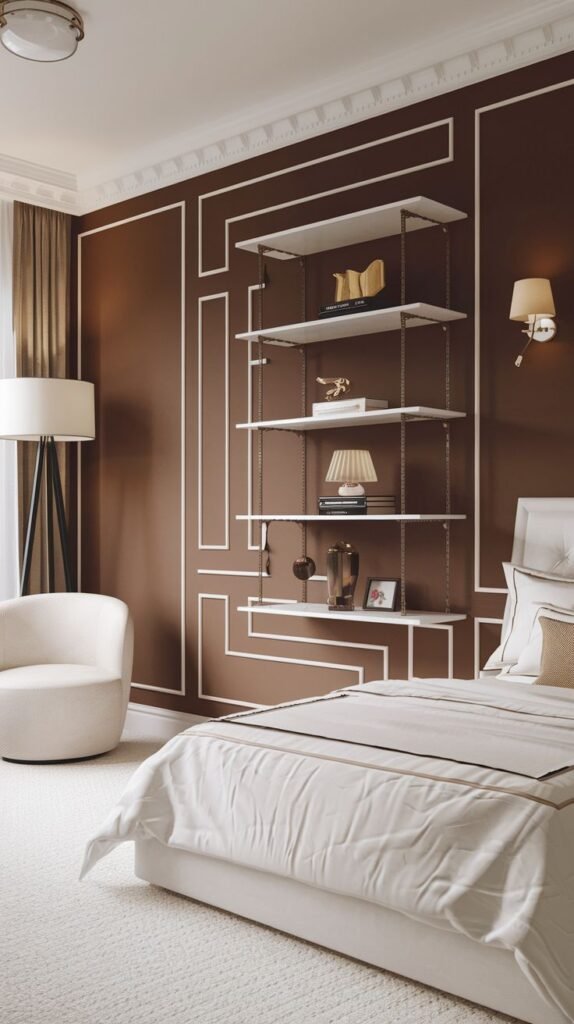 A dark brown painted accent wall enhanced by clean white linear trim forming abstract geometric outlines. White floating shelves are mounted centrally on the trim pattern.