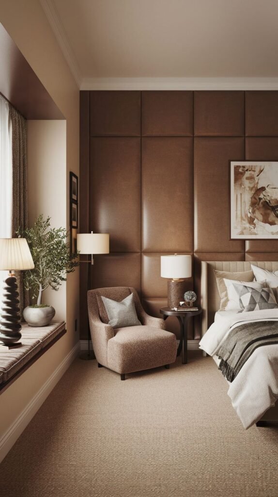 A warm bedroom featuring a medium brown accent wall composed of clean, vertically oriented rectangular cushioned or padded panels.