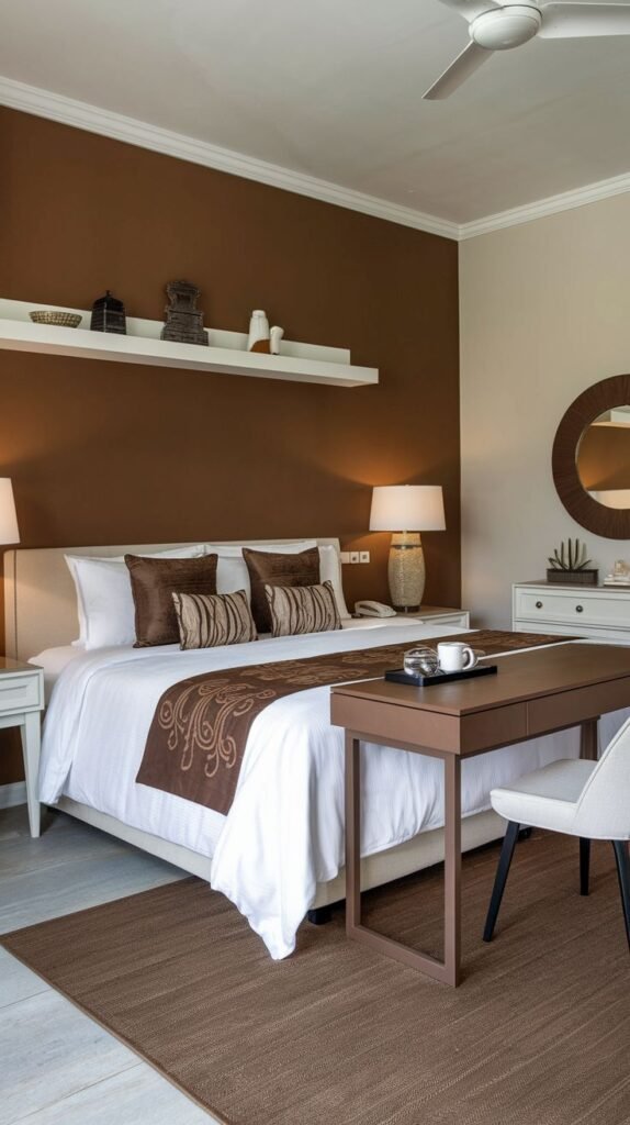 A bright bedroom featuring a solid, flat, medium-brown painted accent wall behind the bed, contrasted by a long, horizontal white floating shelf used for displaying decor.