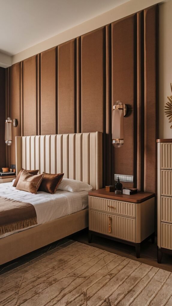 A brown accent wall created from very tall, narrow, vertically ribbed or slatted fabric panels, providing a strong sense of vertical texture and height.