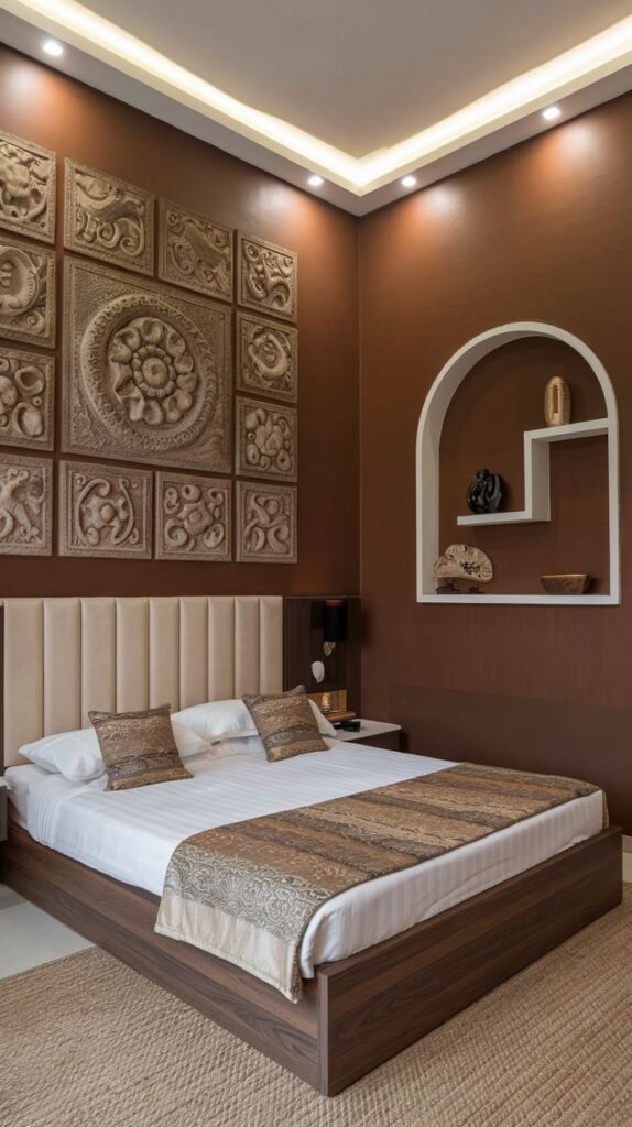 A solid brown accent wall partially covered by an installation of deeply carved, square, ornamental relief panels with traditional floral and circular patterns. A white arched wall niche is nearby.