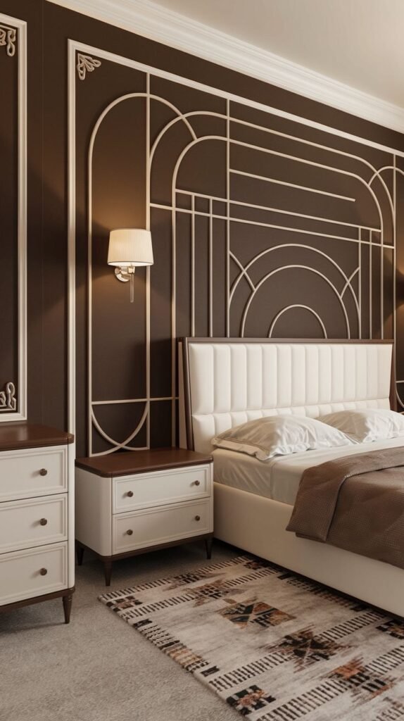 A dark brown painted accent wall decorated with thin, light-colored trim creating large, geometric and curvilinear patterns, reminiscent of Art Deco style.