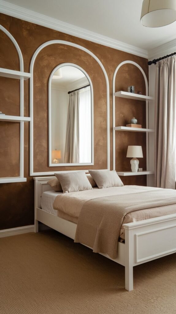 A textured, distressed brown accent wall highlighted by three tall white architectural arch outlines. The center arch frames a mirror, and the side arches define white floating shelves.