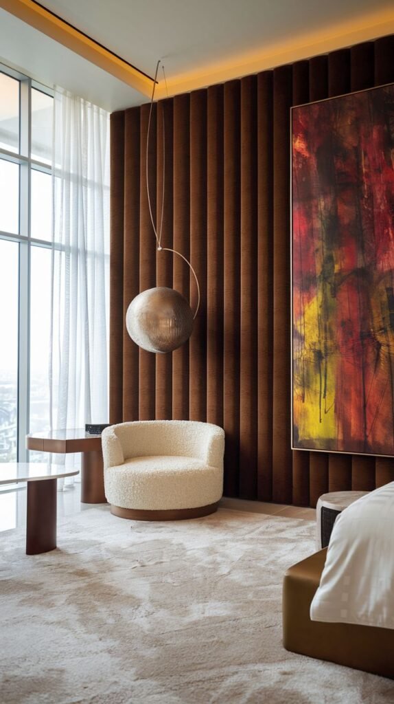 A contemporary luxury room featuring an accent wall covered in plush, vertically ribbed, reddish-brown velvet material. A large abstract painting with red, black, and yellow tones hangs on the wall.