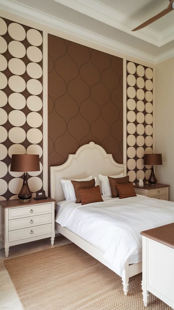 A paneled accent wall divided into three vertical sections: a central brown panel featuring continuous curved lines, flanked by two cream-colored panels covered in stacked brown oval motifs.