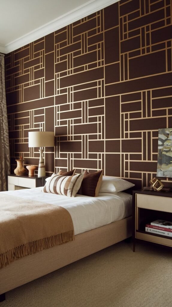 A deep brown accent wall overlaid with a dense, complex, interlocking geometric grid pattern realized in metallic gold lines.