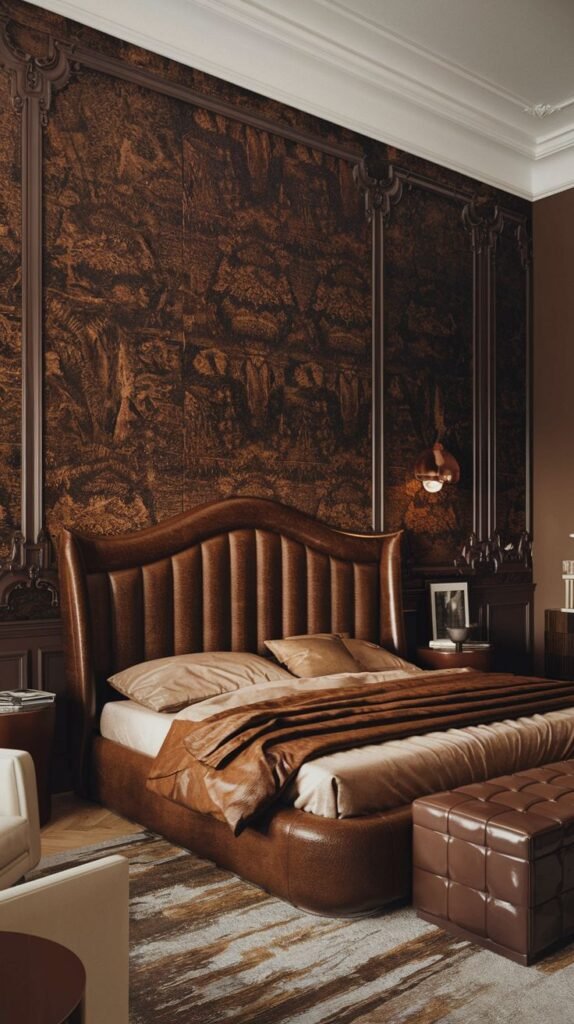 A dramatic bedroom featuring an accent wall covered in a textured, richly patterned dark brown material, possibly patterned cork or wallpaper, framed by ornate dark architectural molding.