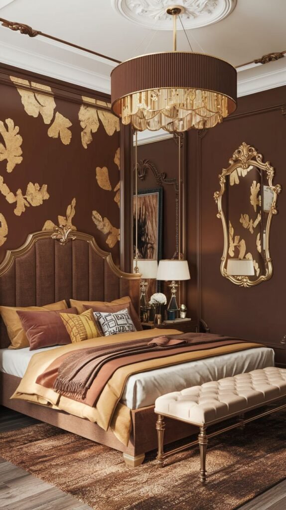 An opulent bedroom featuring a dark brown wall with large, stylized botanical or leaf shapes applied in bold, metallic gold leaf.
