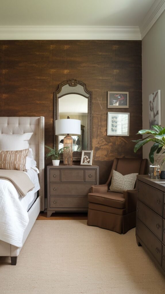 A bedroom accent wall featuring a distressed dark brown finish with horizontal metallic or coppery brushstrokes visible across the surface.