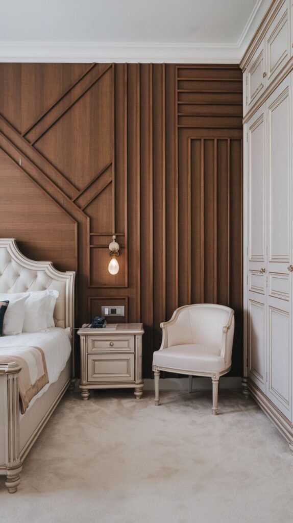 A sophisticated wood accent wall combining two distinct geometric treatments: vertical wood ribs and asymmetrical diagonal wood trim forming abstract shapes.