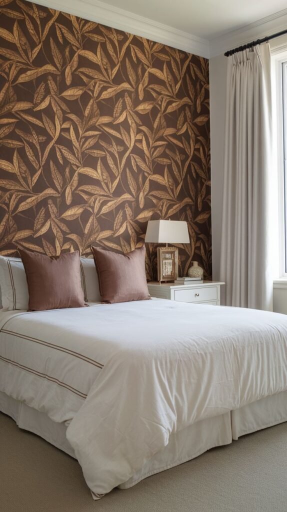 A bedroom wall covered in a decorative brown wallpaper featuring a dense, repeating pattern of large, stylized leaves in shades of gold and bronze.