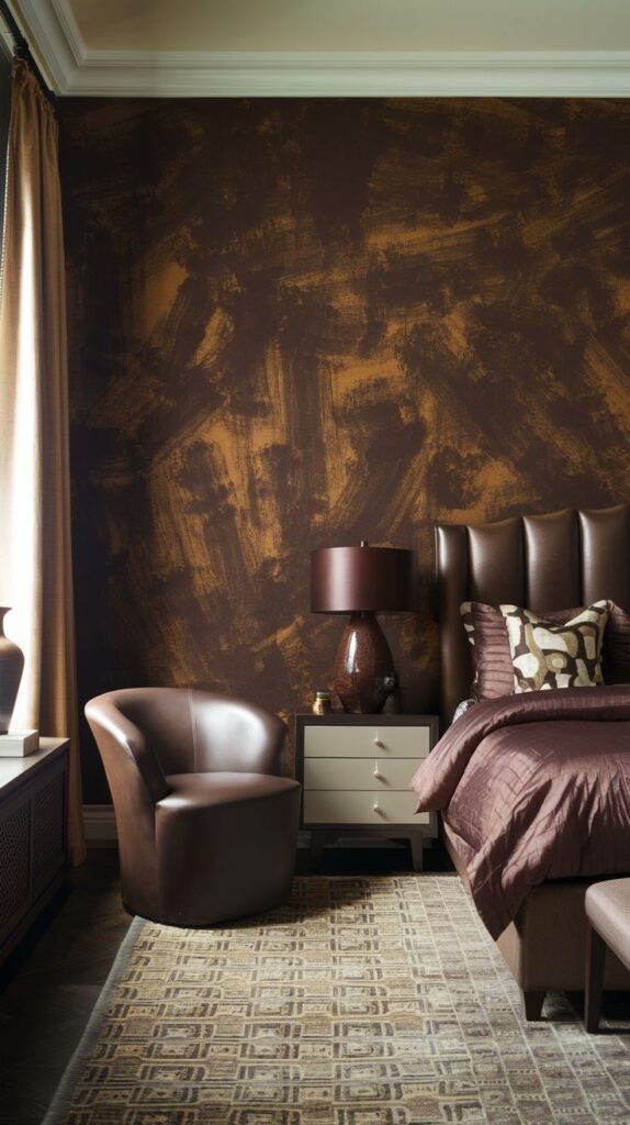 An artistic accent wall displaying a rich, dark brown color with a heavy, visible texture created by large, expressive brushstrokes in varying dark and coppery tones.