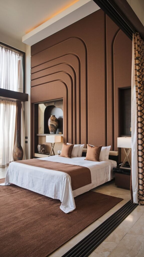 A high-design accent wall in medium brown featuring repetitive, deep, curved and arched recessed lines forming architectural patterns. The wall includes integrated display niches with lighting.