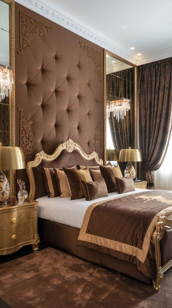 An extremely luxurious accent wall composed of diamond-tufted brown velvet fabric, framed by elaborate gold decorative molding and flanked by mirrored sections.