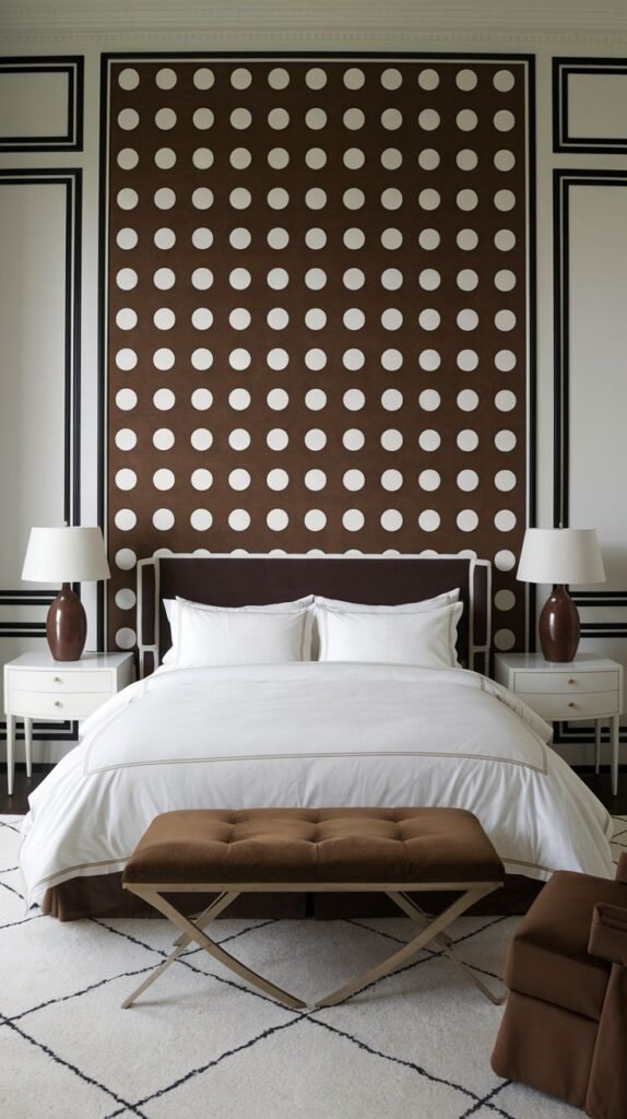 A striking accent wall featuring a central, large dark brown panel covered in a uniform grid pattern of large white polka dots, framed by contrasting white and black trim.