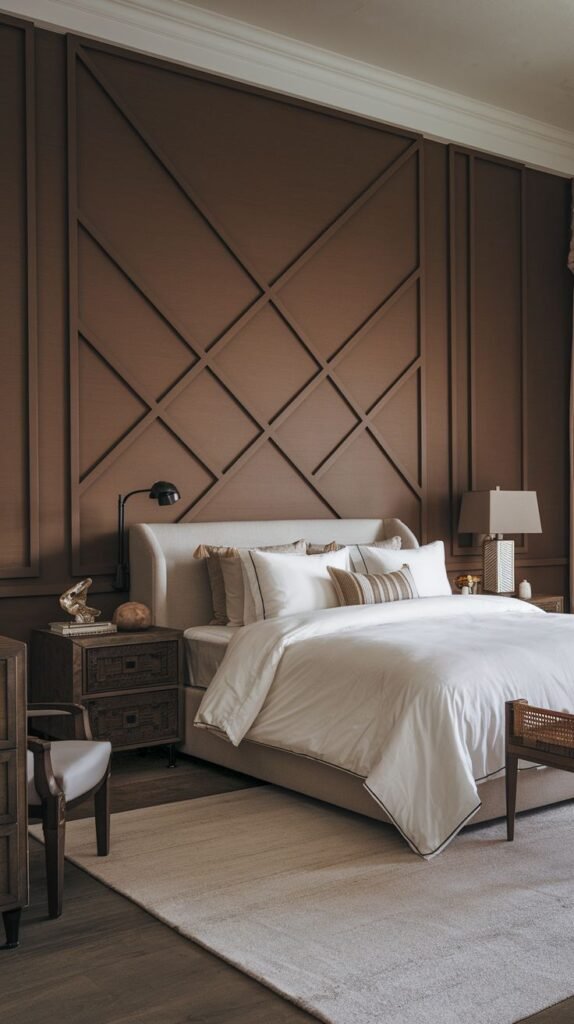 A textured brown accent wall featuring trim applied diagonally to form a large, repeating diamond or angular grid pattern across the surface.