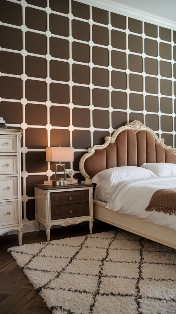 An accent wall covered in a highly graphic brown pattern where repeating, rounded square shapes are precisely outlined by thick white lines.
