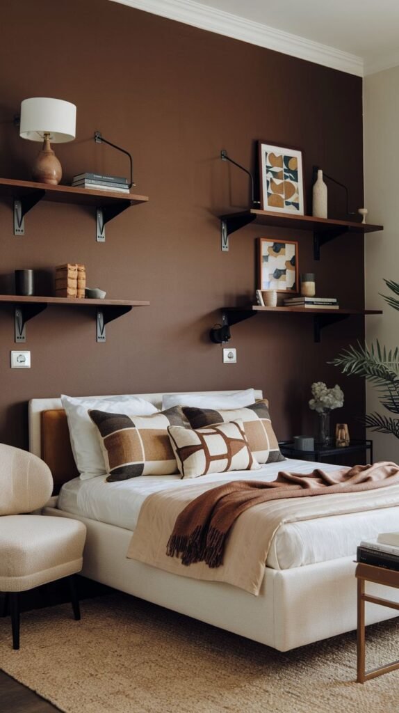A minimalist bedroom featuring a solid dark brown painted accent wall. The wall supports two tiers of dark wood floating shelves held up by black metal brackets. The bed has white bedding and brown patterned pillows.