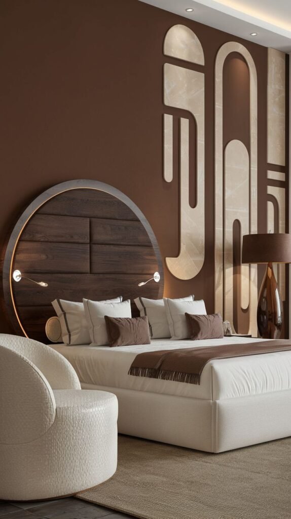 A sophisticated bedroom with a solid dark brown accent wall. The wall is decorated with tall, stylized, curved white reliefs that contrast sharply with the background. A large circular wooden headboard frames the bed.