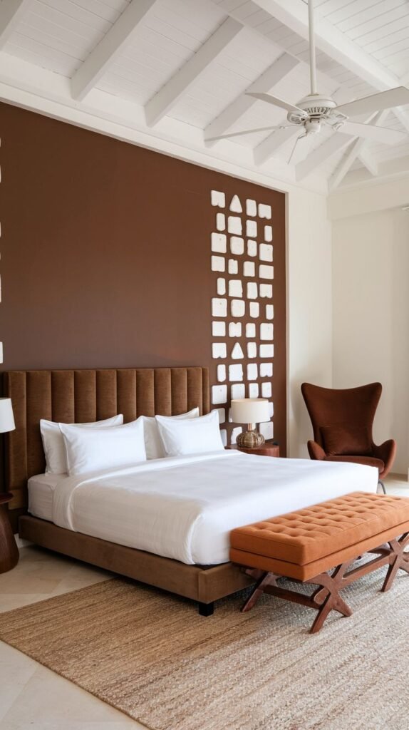 A bedroom with a brown accent wall featuring a vertical pattern created by numerous small, irregular white rectangular reliefs or cutouts. The room has a vaulted white ceiling.