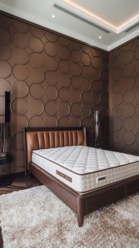 A modern interior featuring an accent wall covered in a 3D repeating pattern of large, overlapping, embossed circles, all rendered in a single shade of brown.