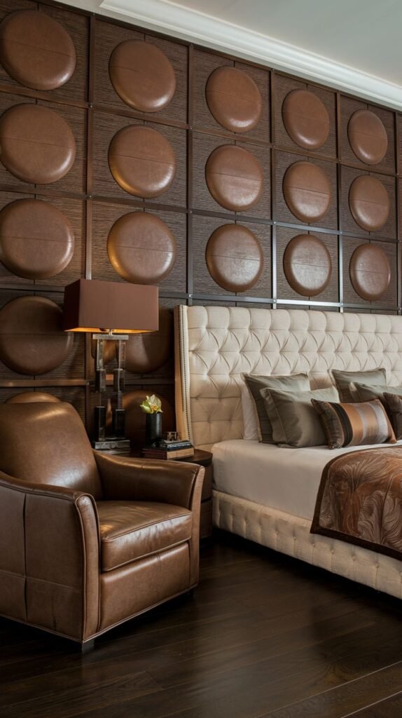 An accent wall constructed from a dark wood grid, with each square section holding a large, highly domed, cushioned brown leather circle.