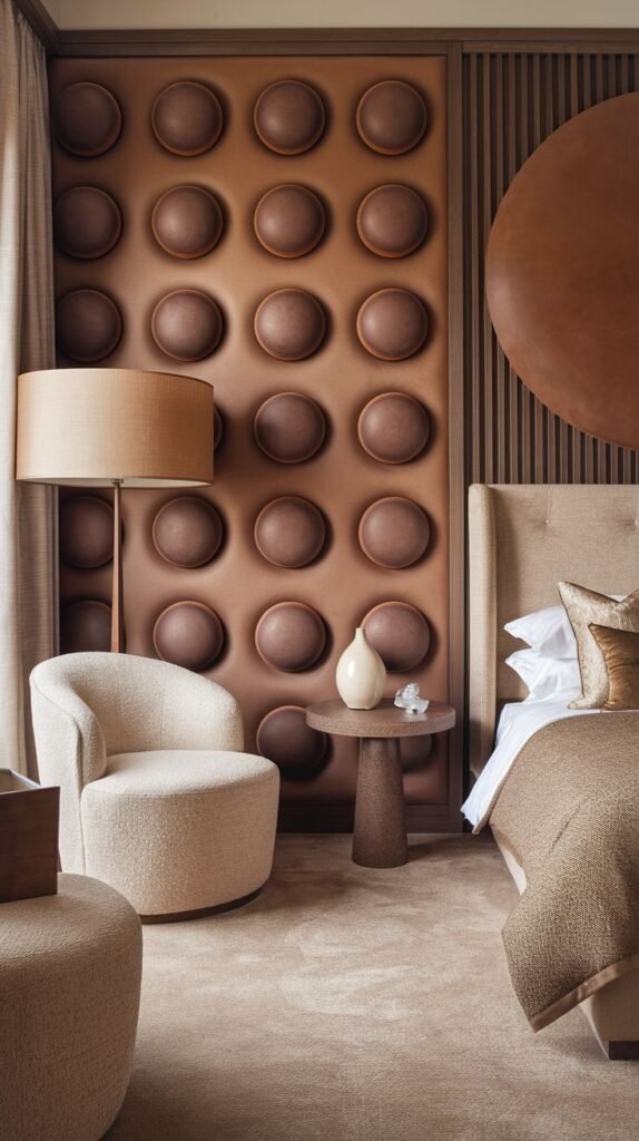A monochromatic brown accent wall featuring a detailed, repeating grid pattern of small, circular, raised dome reliefs. The wall is flanked by vertical wood slats and a large flat circular brown panel.