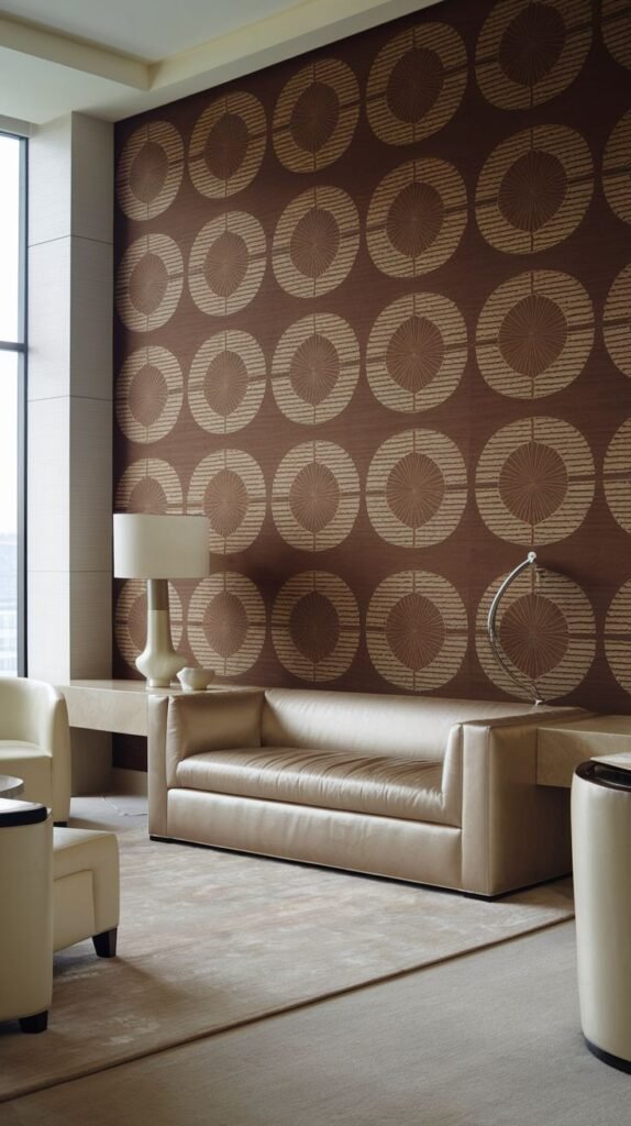 A wall covered in brown wallpaper featuring a prominent, repeating pattern of large tan circles, each containing radiating spoke lines, giving a mid-century feel.