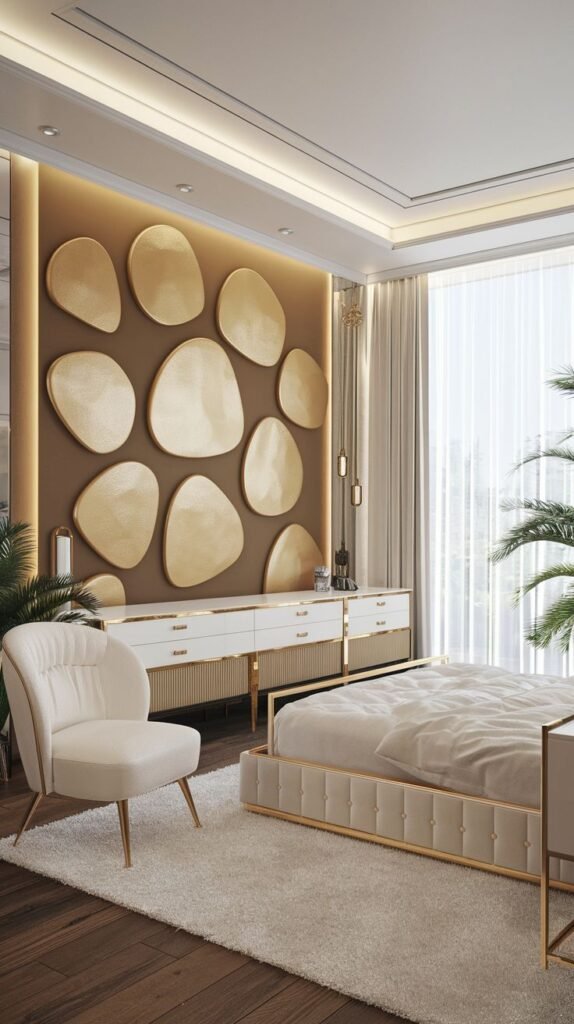 A sophisticated modern bedroom featuring a brown accent wall decorated with large, irregular, smooth gold panels outlined in metallic trim, positioned above a long white dresser.