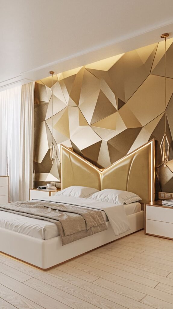 A striking futuristic bedroom featuring a 3D accent wall covered in sharp, fractured, angular gold planes (geode-like texture), dramatically lit by hidden LED strips around the headboard.