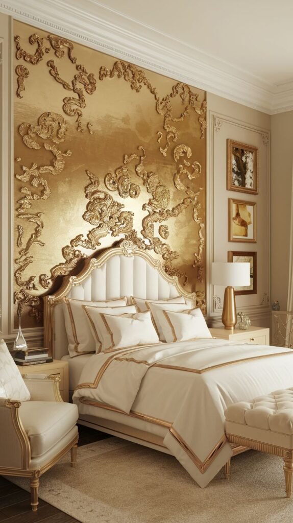 An opulent, classical bedroom featuring a central accent panel saturated in glistening gold, heavily overlaid with high-relief ornamental plasterwork displaying dense Baroque scrolling and foliage.