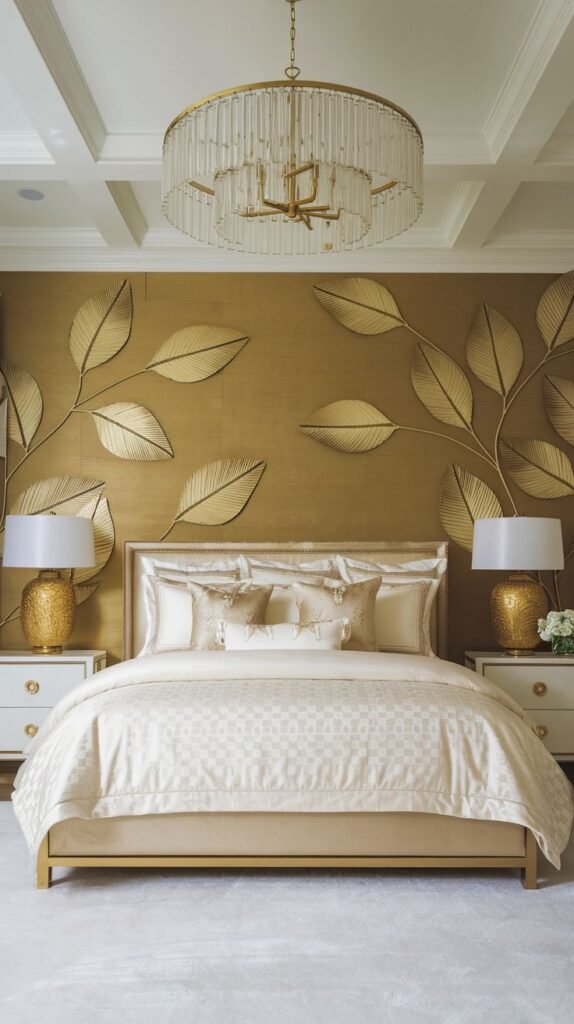 A lavish symmetrical bedroom with a textured gold wall featuring applied three-dimensional gold leaf sculptures depicting large, curving botanical leaves and stems.
