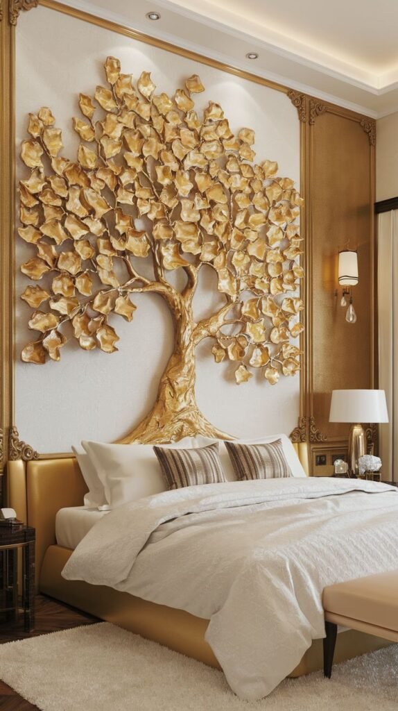 A white accent wall framed in ornate gold molding, dominated by a massive, central, high-relief gold sculpture of a mature tree with dense, detailed metallic leaves.