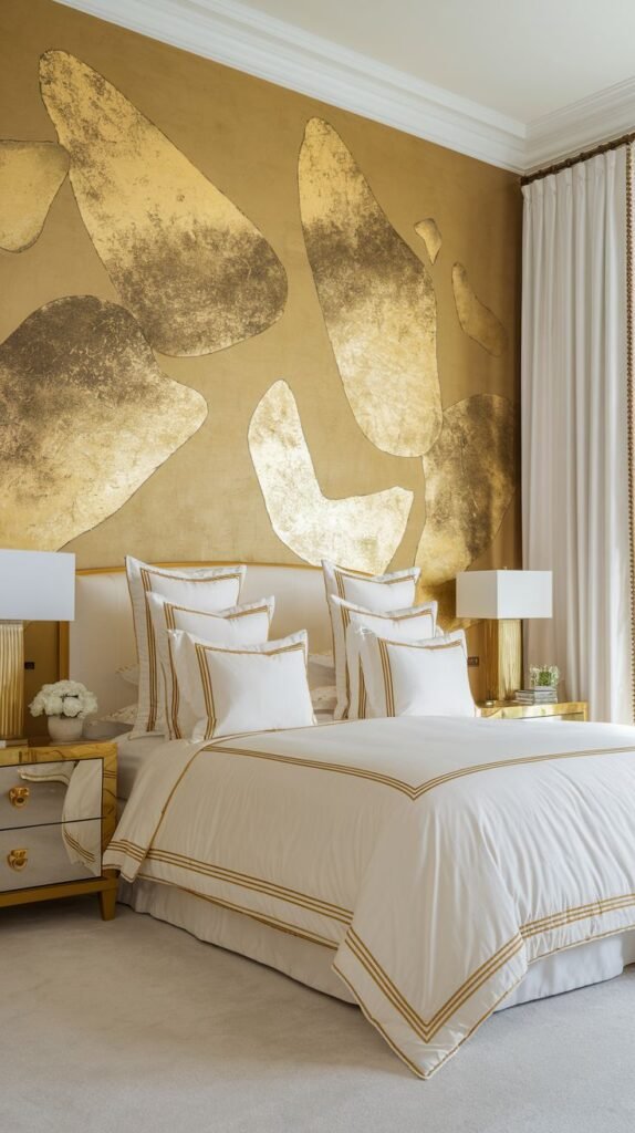 A sophisticated bedroom featuring an abstract accent wall with a brownish-gold background overlaid with large, irregular, sweeping patches of heavily distressed gold leaf foil.