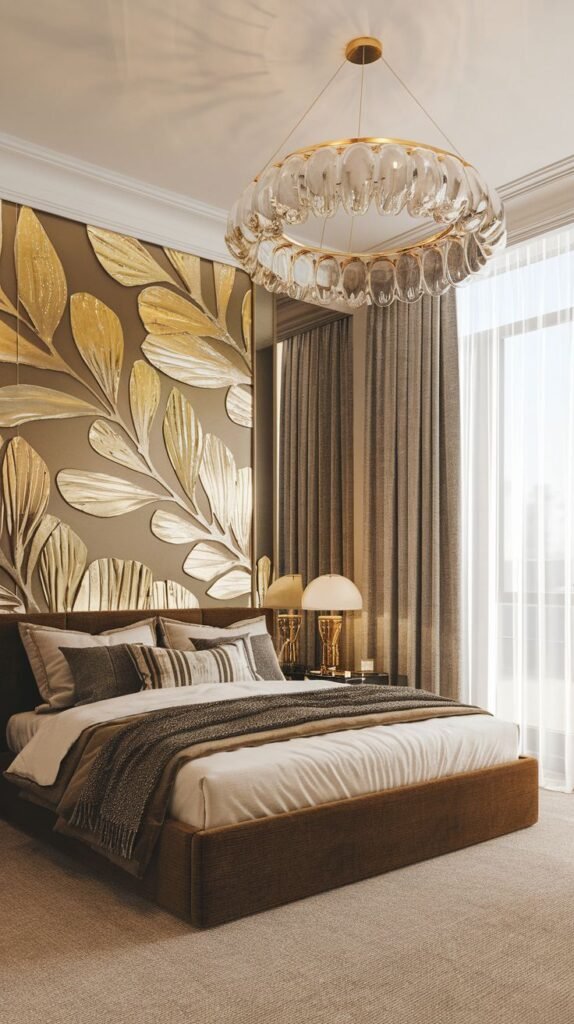 A modern bedroom with a deep brown accent wall enhanced by large, overlapping, three-dimensional, stylized gold frond or leaf reliefs, creating textural depth.