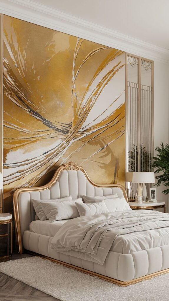 A luxurious bedroom featuring an abstract full-wall artwork composed of broad, sweeping, textural strokes of gold, white, and dark paint, framed in a thin gold line.