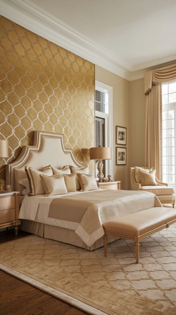 A classical bedroom featuring a gold accent wall covered in a repeating wallpaper pattern of white/silver quatrefoil or ogee lattice design, unifying the gold and neutral decor.